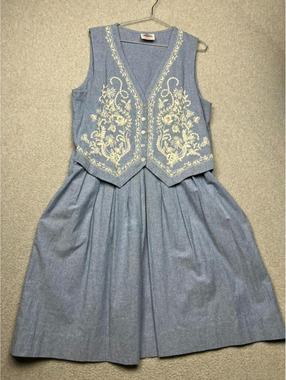 Vintage Lanz Originals Blue Chambray Midi Dress Vest Embroidery Cottagecore